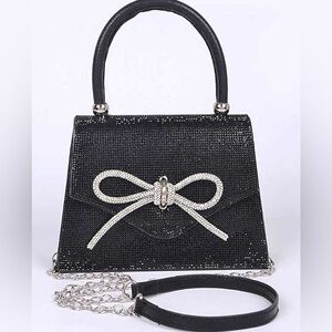 Rhinestone Black or Silver Bow Handbag with Chain Strap